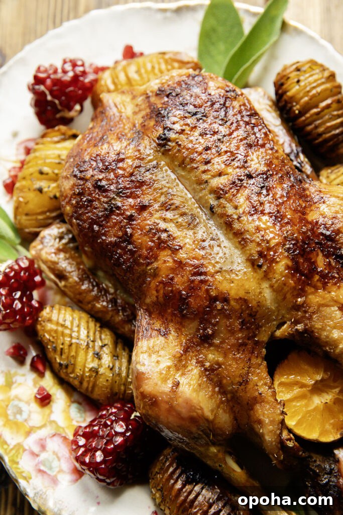 Roasted Duck with Port and Cranberry Sauce Recipe 5 Close up shot of whole roast duck on a platter with potatoes