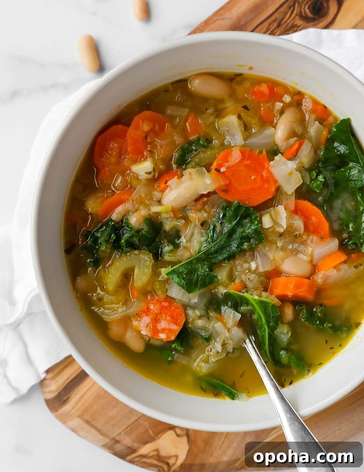 Soup with carrots, kale, celery, onion, and beans. There is a spoon sitting inside the soup.