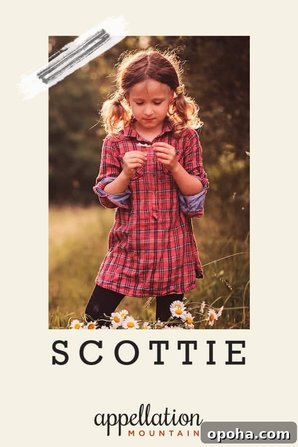 Scottie: Modern Baby Name Meaning, Origin & Popularity Today 2 brown haired girl with two ponytails wearing red plaid dress standing outside with flowers "baby name Scottie"