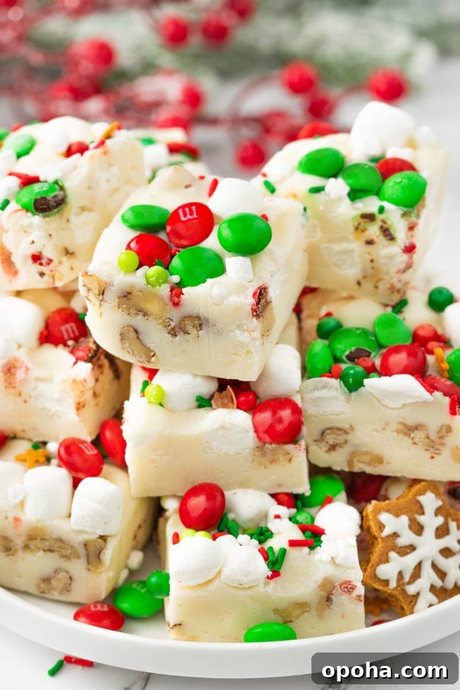 White Christmas Fudge with marshmallows and holiday candies