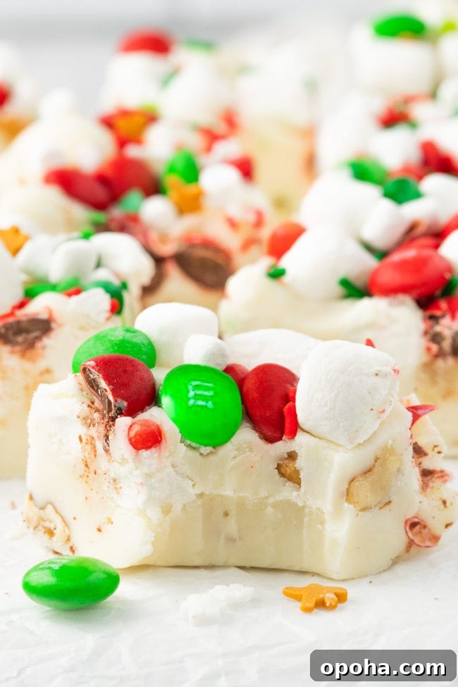 white rocky road fudge with a bite missing