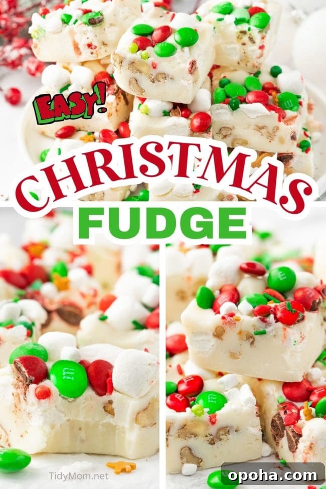 Christmas fudge with holiday candies photo collage