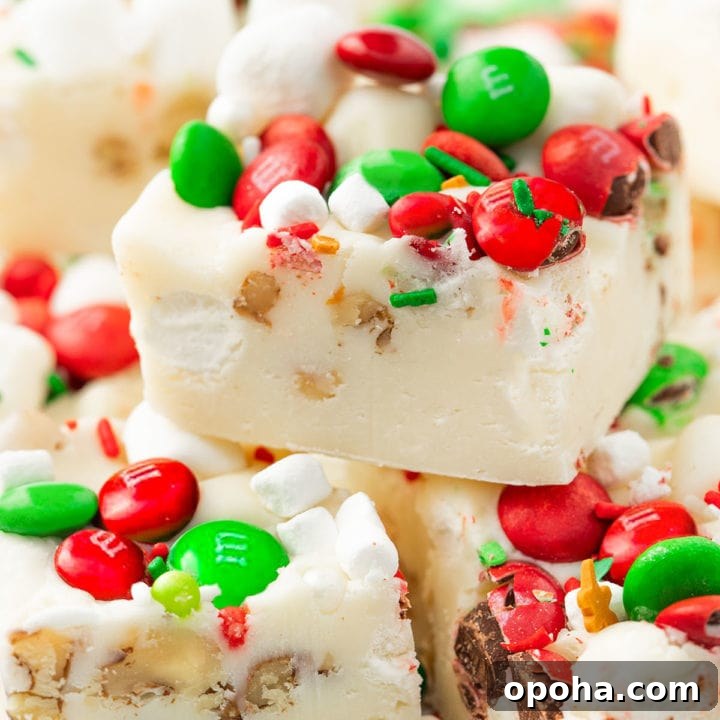 a stack of White Christmas Fudge with marshmallows