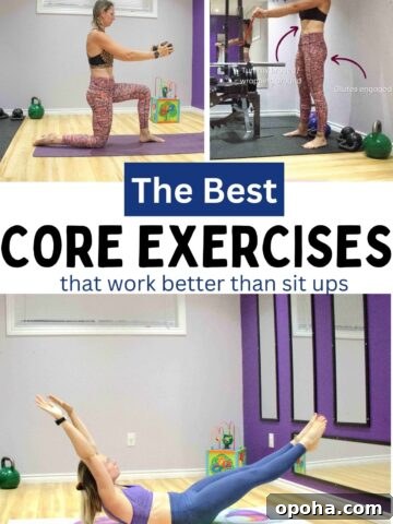 Three images of a woman performing core stability exercises