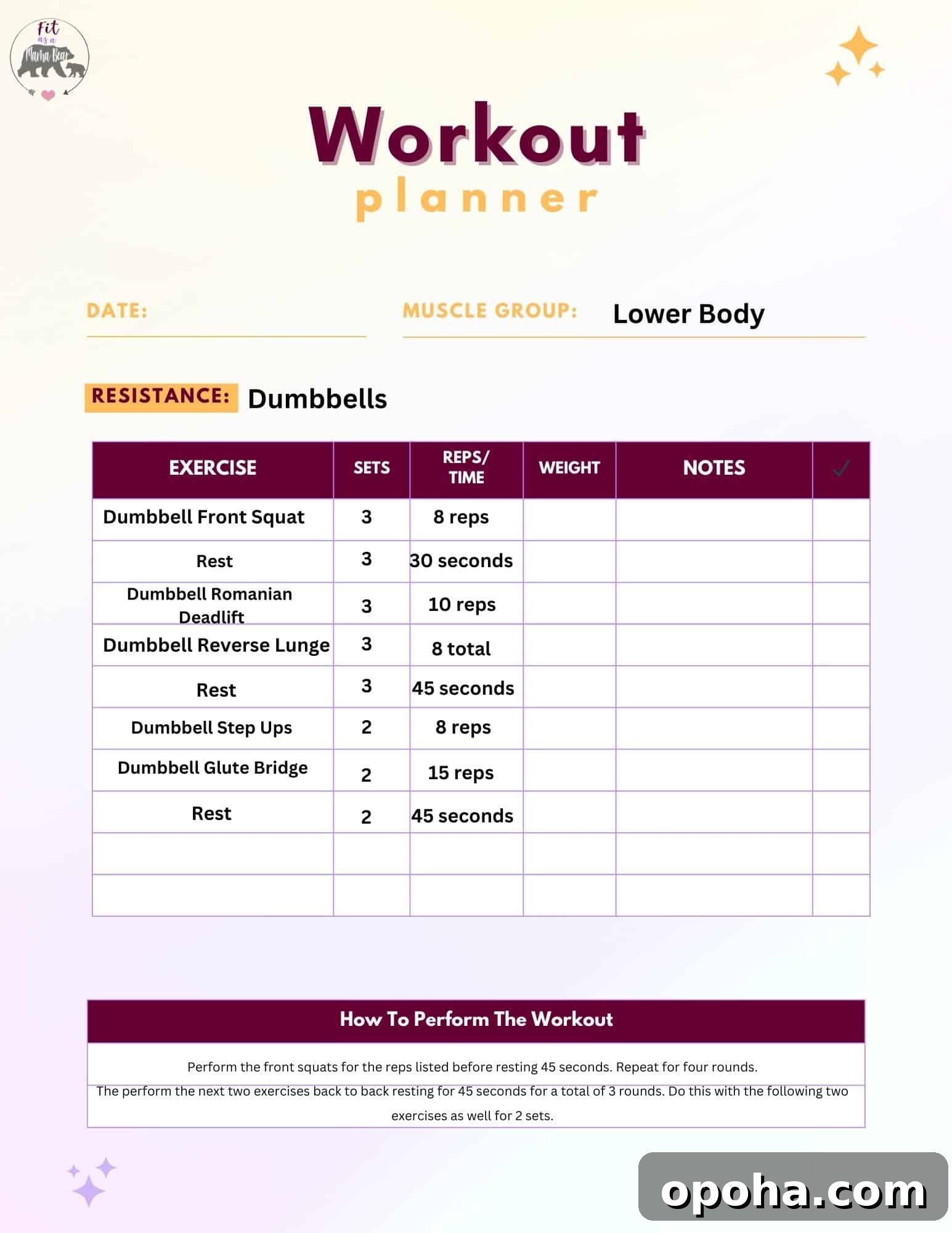 Image of a workout with the exercises, sets, and reps listed.