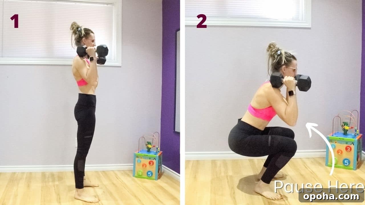 Two side by side images of a woman in a pink shirt and black pants one image of the top of a dumbbell squat and the other of the bottom.