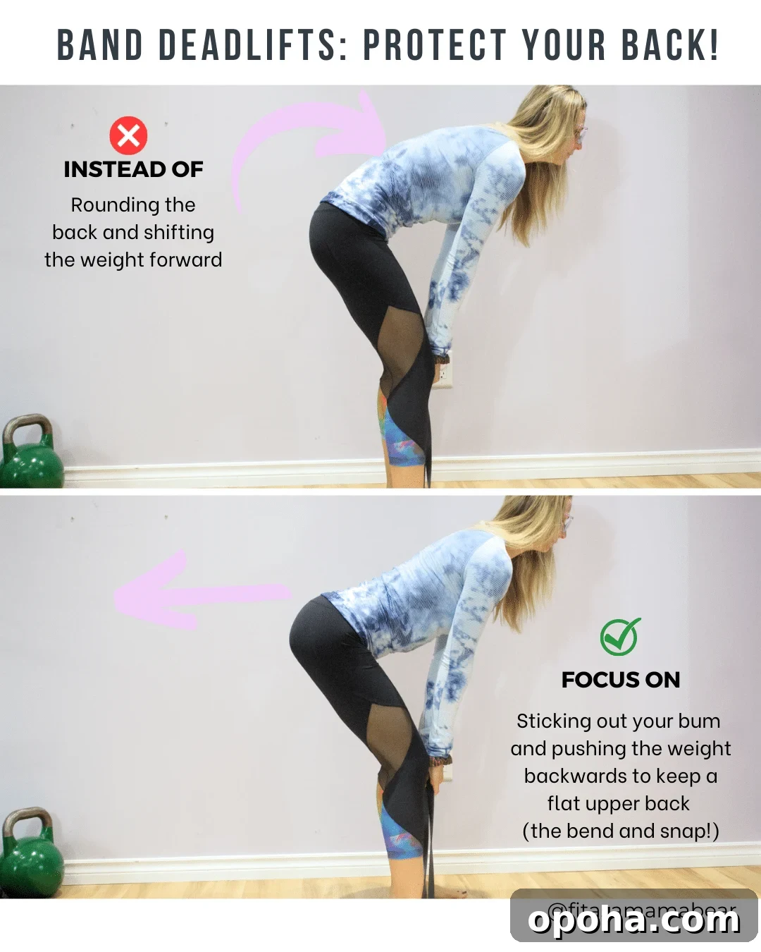 Woman in blue shirt and black pants performing a band deadlift with text about the dos and donts