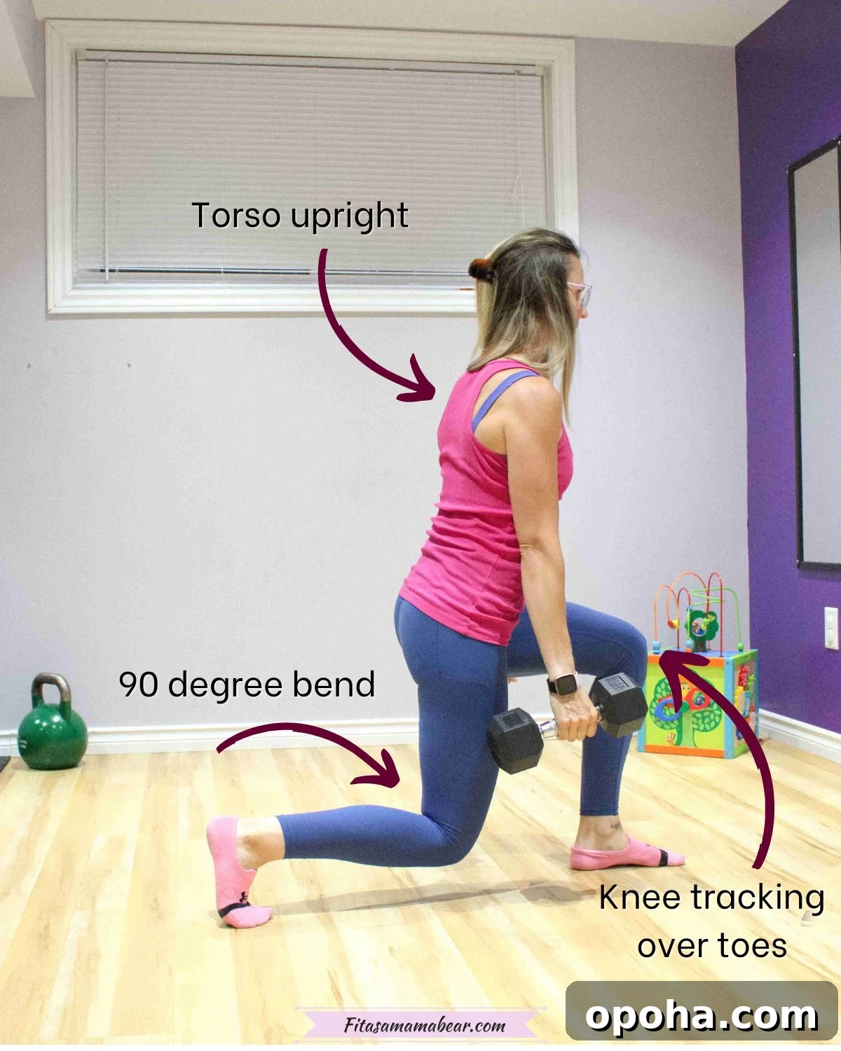 Woman in blue pants and a pink shirt performing a lunge with dumbbells with arrows and text around to give pointers