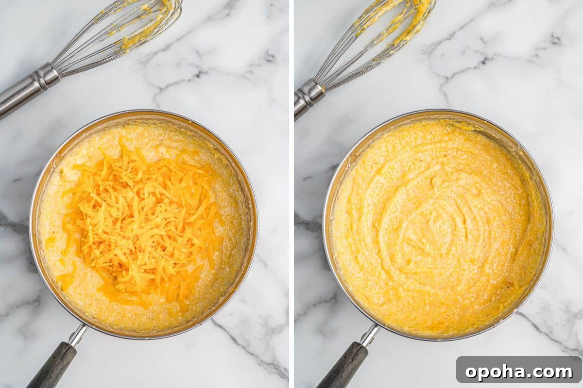 Creamy Shrimp and Grits with Cheddar and Garlic 5 Side-by-side images showing cheesy grits in a saucepan before and after mixing.