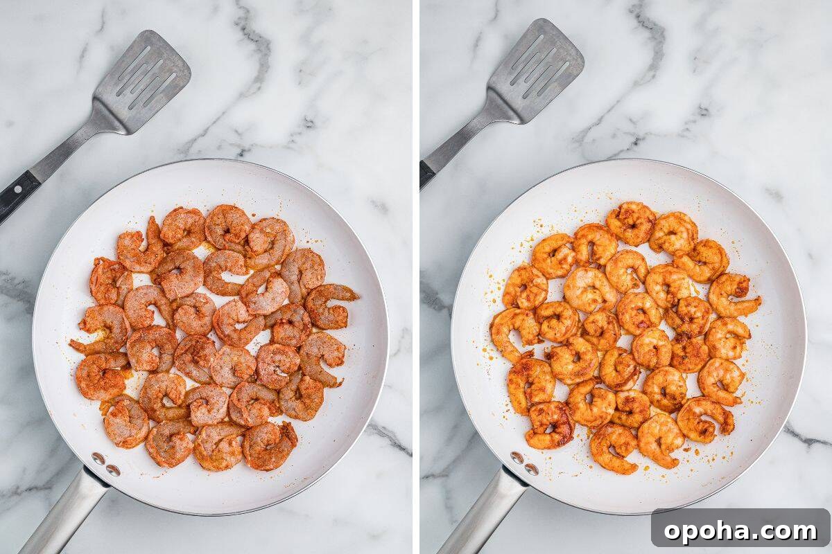 Creamy Shrimp and Grits with Cheddar and Garlic 7 Two images of shrimp in a white skillet. The left image shows raw, seasoned shrimp arranged in a single layer. The right image shows the shrimp fully cooked with a golden-orange color.