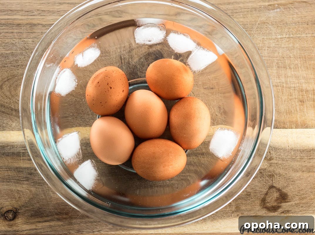 Classic Southern Deviled Eggs Recipe with Tangy Mustard-Fill 5 Hard boiled eggs in water and ice
