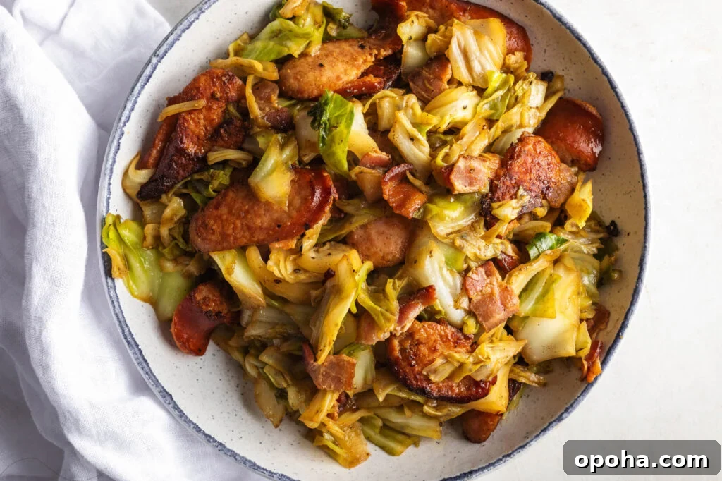 Southern-Style Fried Cabbage Recipe for Bold Flavor 9 bowl of southern fried cabbage with bacon and smoked sausage