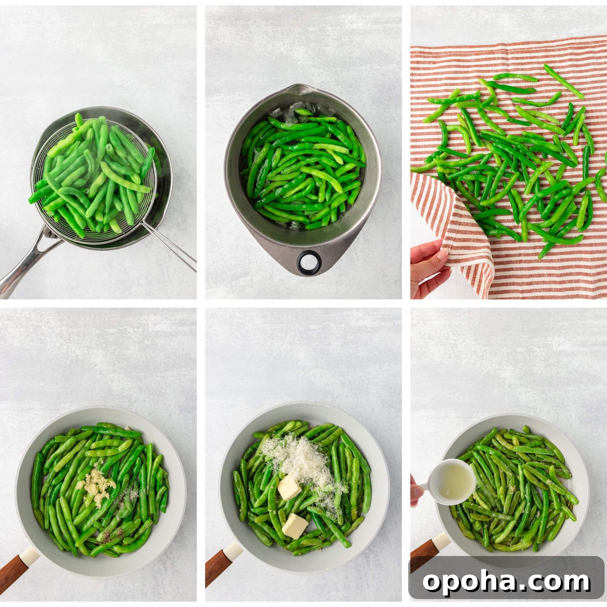 Fresh green beans being blanched and prepared for a recipe.