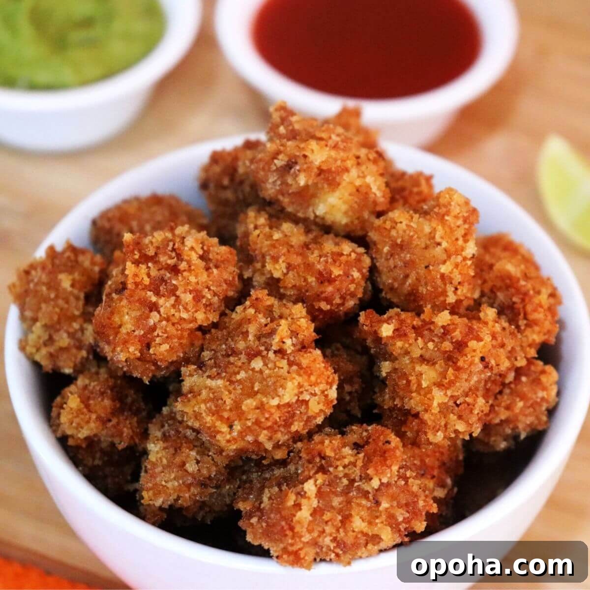 Crispy Homemade Popcorn Chicken Recipe for Snack or Dinner 12 popcorn chicken served in a bowl.