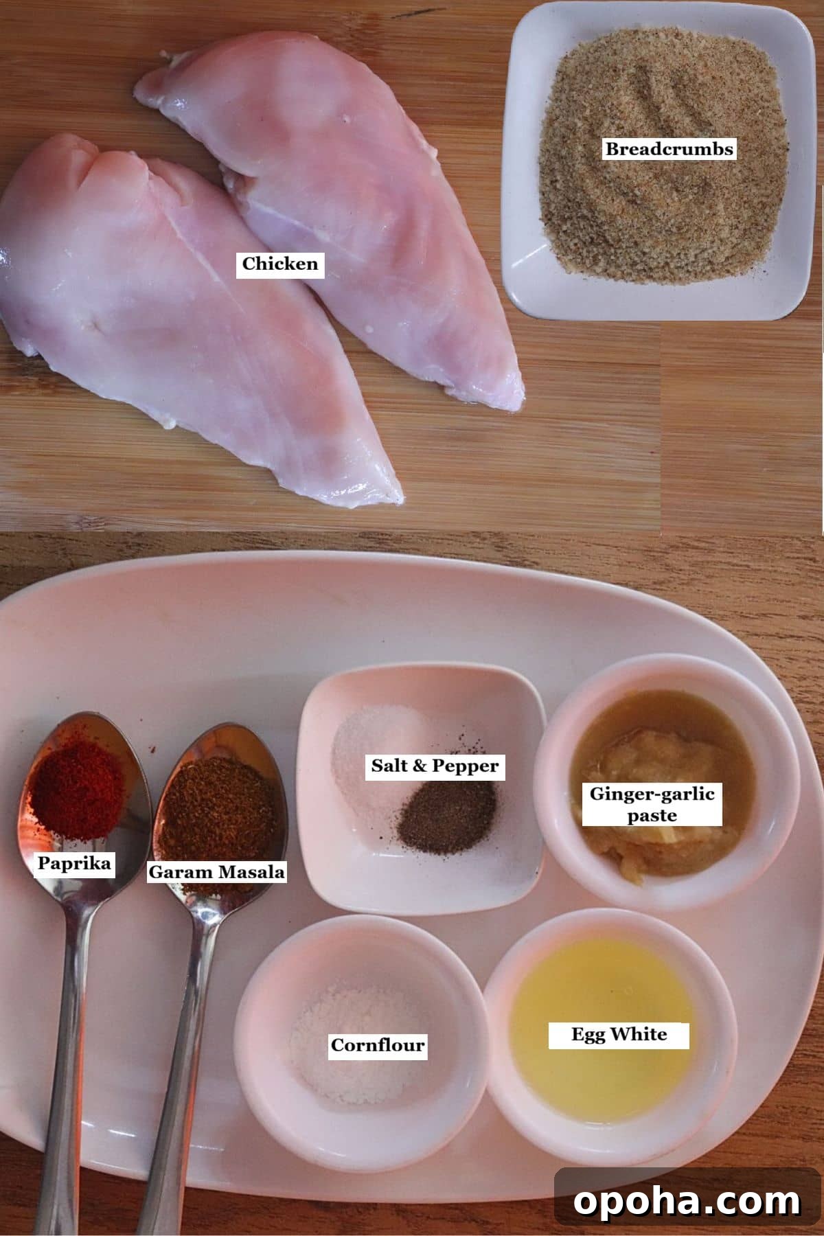 Crispy Homemade Popcorn Chicken Recipe for Snack or Dinner 3 individually labelled ingredients to make popcorn chicken are laid out on a table.