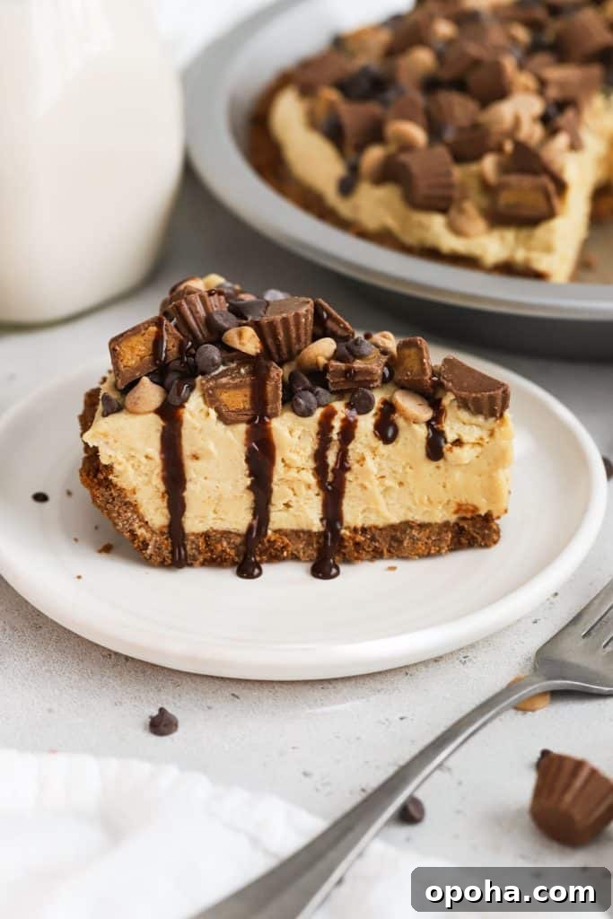 Gluten-Free Banana Cream Pie Recipe — Light, Silky & Delicious 13 a slice of gluten-free peanut butter pie on a white dessert plate