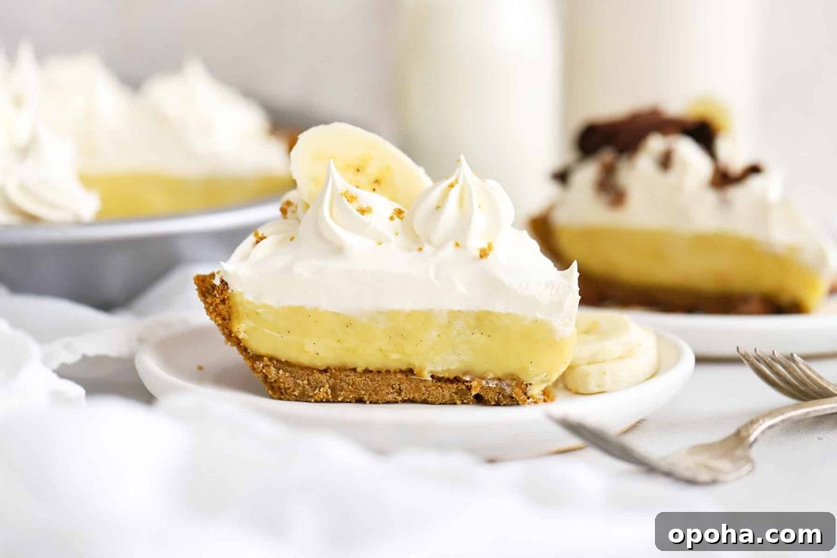 Gluten-Free Banana Cream Pie Recipe — Light, Silky & Delicious 14 Front view of a slice of gluten-free banana cream pie topped with whipped cream and banana slices