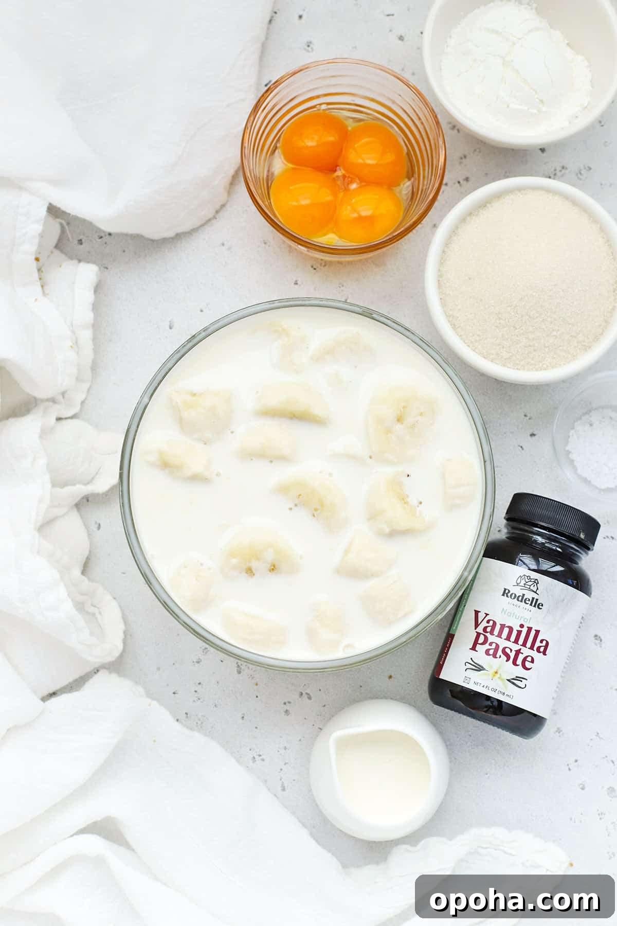 Gluten-Free Banana Cream Pie Recipe — Light, Silky & Delicious 3 Overhead view of ingredients for gluten-free banana cream pie