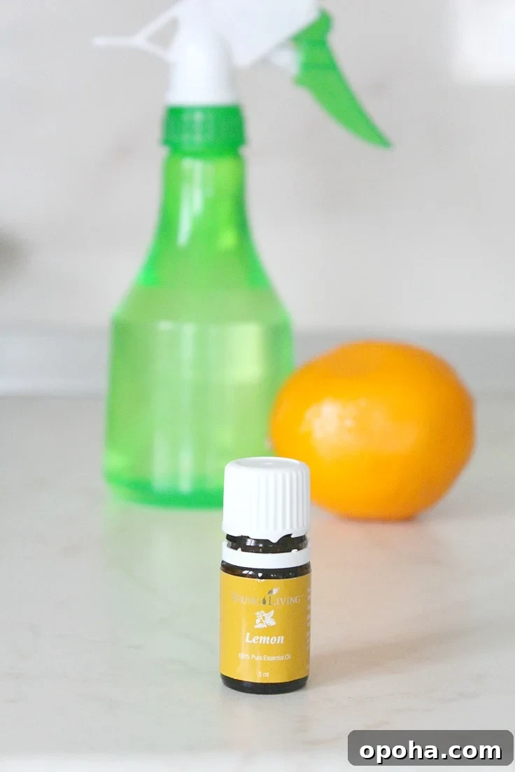 DIY Lemon Disinfectant Spray for a Fresh, Germ-Free Home 3 Image of lemon disinfectant in a light green spray bottle, next to a bottle of essential oils and a lemon fruit