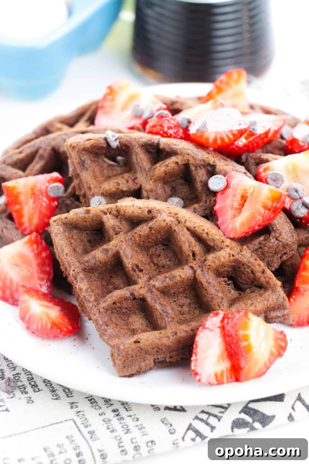 Chocolate Waffles topped with sliced strawberries and chocolate chips are artfully arranged on a white plate.