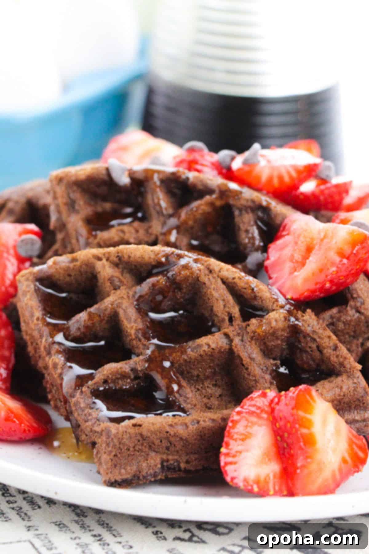 Indulge topped with syrup, sliced strawberries, and chocolate chips, served on a white plate.