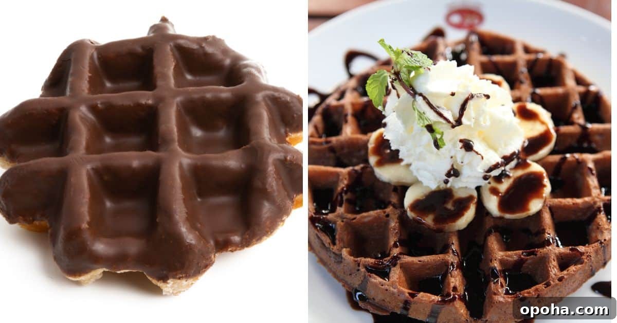 Side-by-side comparison of a plain chocolate-coated waffle on the left and a plated Chocolate Waffles creation topped with banana slices, whipped cream, and rich chocolate sauce on the right.