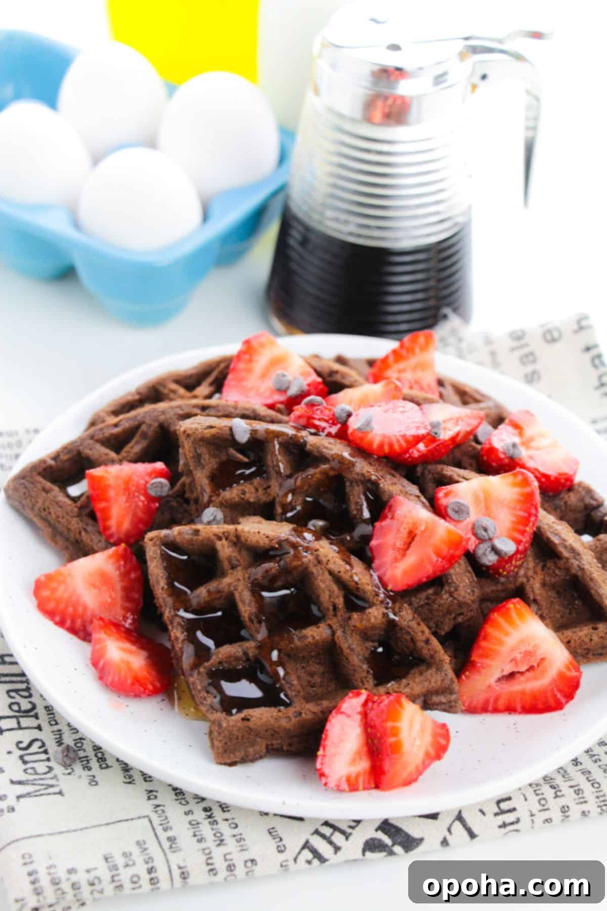 A plate topped with sliced strawberries and chocolate chips, drizzled with syrup, sits next to a syrup dispenser and a carton of eggs.