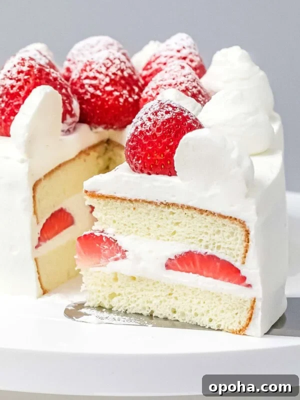 Japanese Fruit Sandwich (Strawberry Sando): How to Make フルーツサンド 17 close up of a slice of layered Japanese strawberry shortcake decorated with whole strawberries dusted with powdered sugar