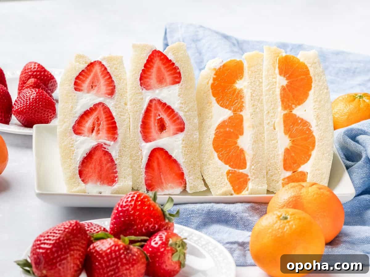 Japanese Fruit Sandwich (Strawberry Sando): How to Make フルーツサンド 4 Japanese fruit sandwich made with strawberries and mandarin oranges filled with whipped cream and sliced in half.