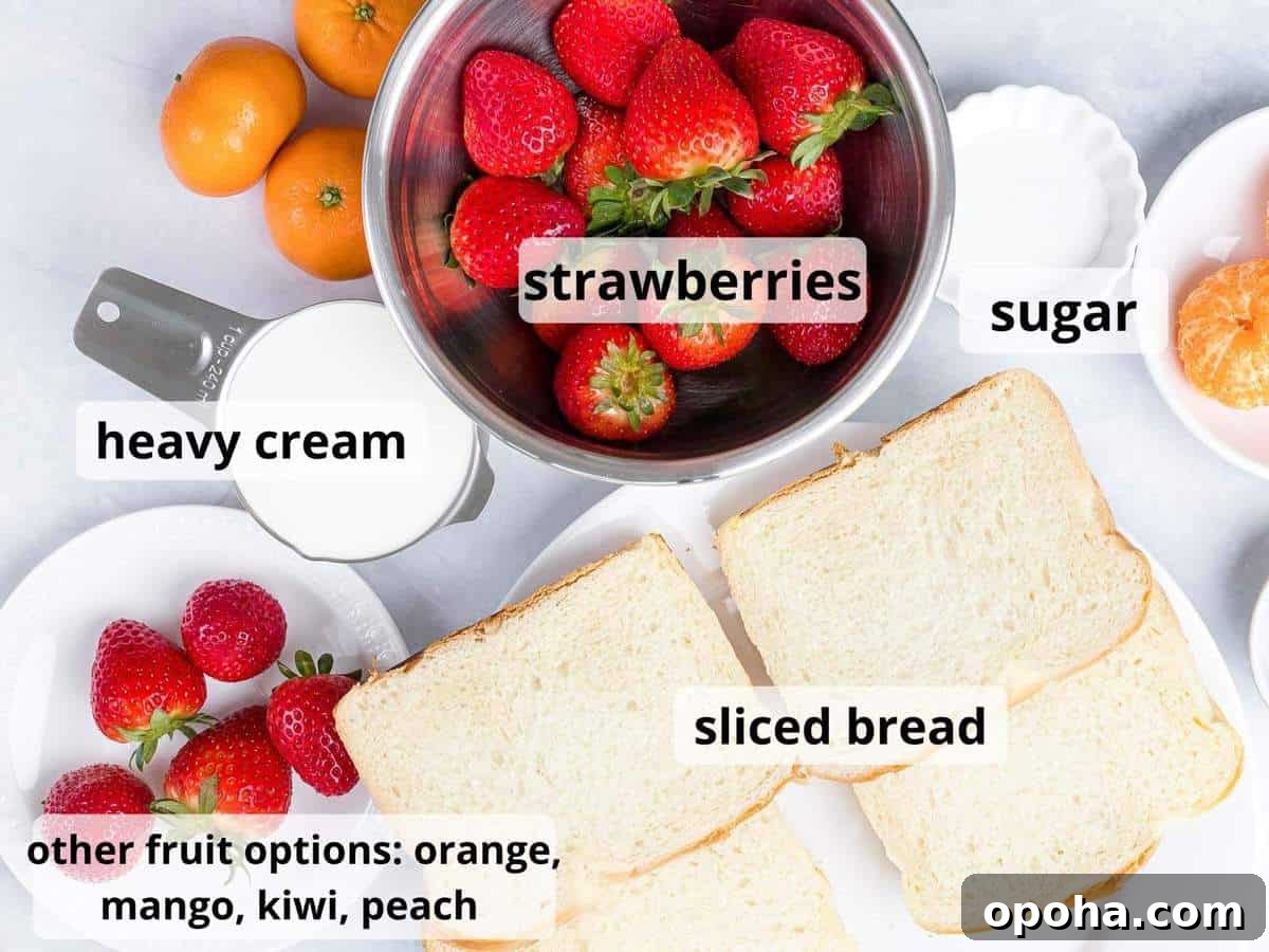Japanese Fruit Sandwich (Strawberry Sando): How to Make フルーツサンド 5 Labeled ingredients for Japanese fruit sandwich including strawberries, cream, and bread.