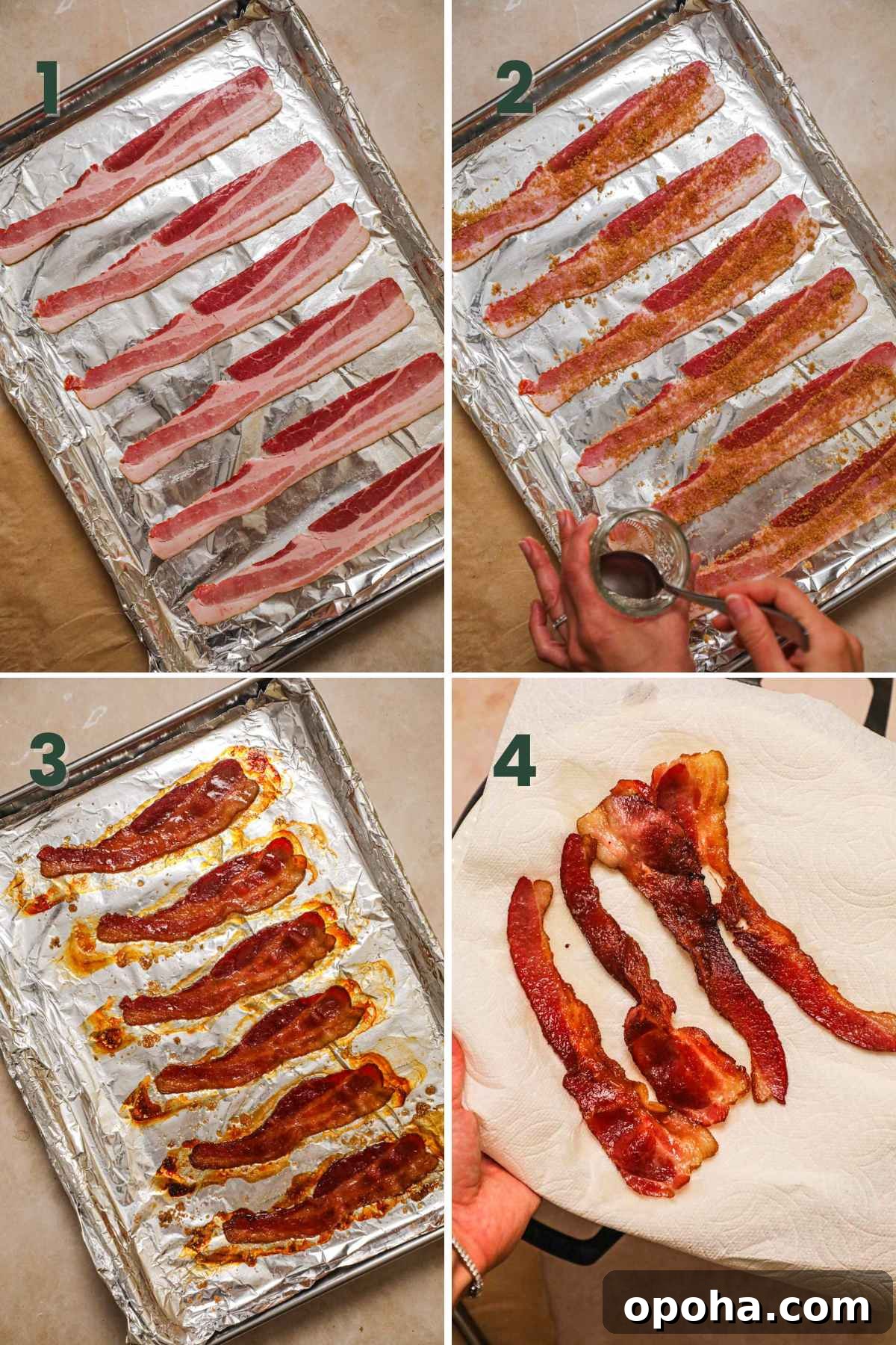 Brown Sugar Glazed Baked Bacon Recipe 4 Steps to bake bacon in the oven, place bacon on an aluminum foil-lined baking sheet, sprinkle with brown sugar, bake, then drain on a paper towel.
