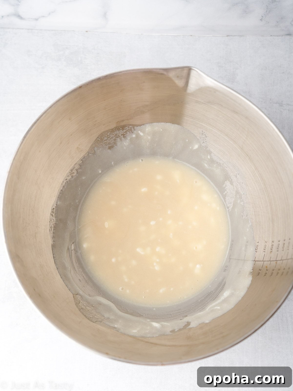 Wet ingredients in a mixing bowl.
