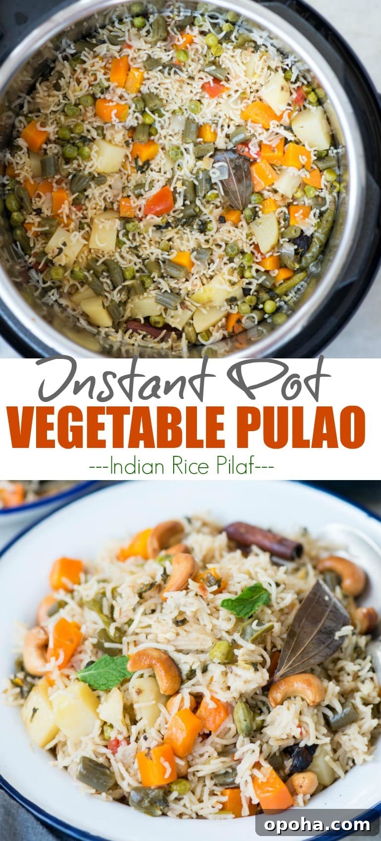 Vertical pin collage of veg pulao pics - top of pulao in instant pot, bottom pic of pulao served in a white plate.
