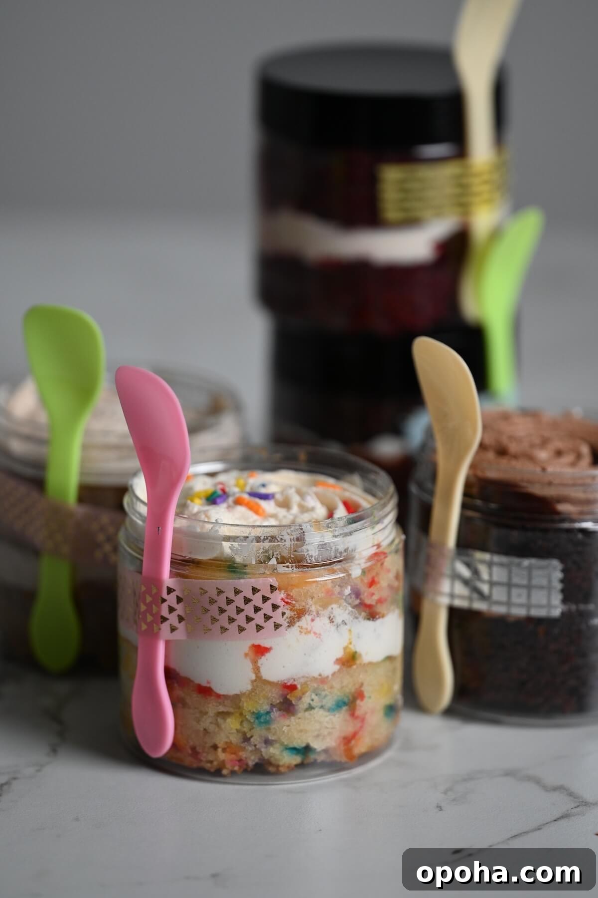 Mason Jar Cake Recipe: Layered Dessert in a Jar 2 close up view of plastic jars with cake in the jar including funfetti and chocolate with attached sample spoons.