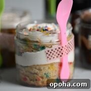 Mason Jar Cake Recipe: Layered Dessert in a Jar 9 plastic jar with layered cake with a pink spoon taped to the container.