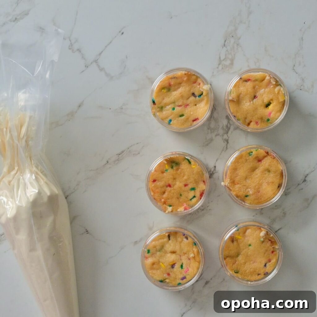 Mason Jar Cake Recipe: Layered Dessert in a Jar 11 plastic jars with a single layer of funfetti cake in each one.