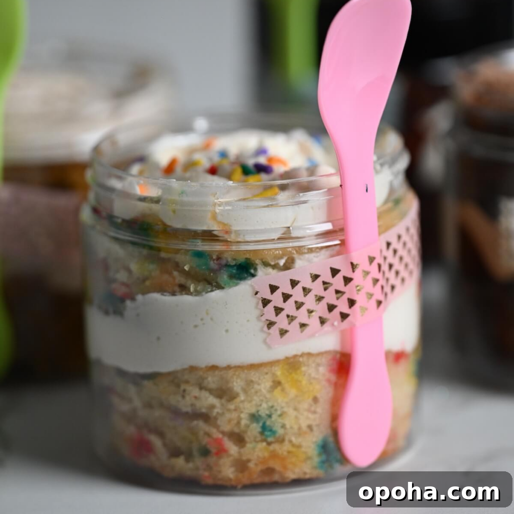 Mason Jar Cake Recipe: Layered Dessert in a Jar 4 close up view of a plastic jar with funfetti cake, vanilla frosting, and rainbow sprinkles ready to serve.