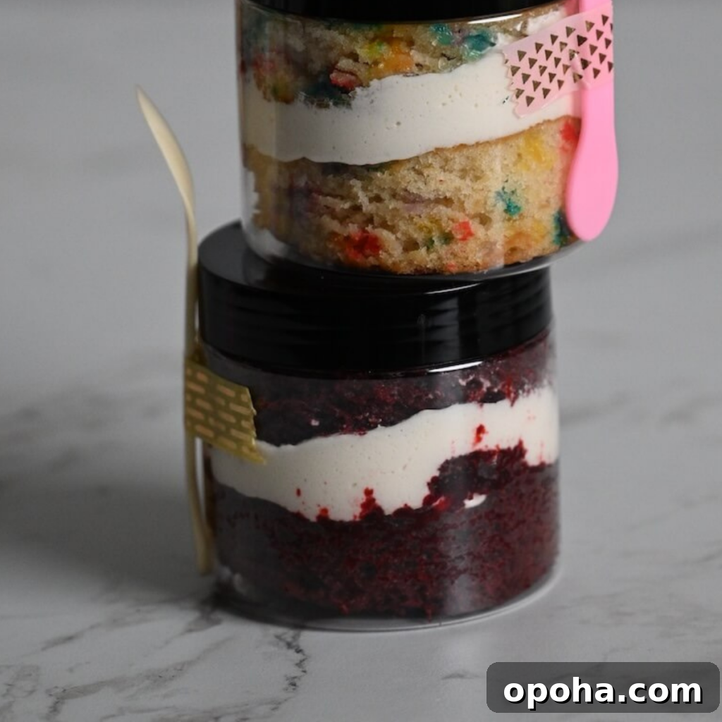Mason Jar Cake Recipe: Layered Dessert in a Jar 5 layers of red velvet cake and cream cheese frosting in a plastic jar for easy serving.