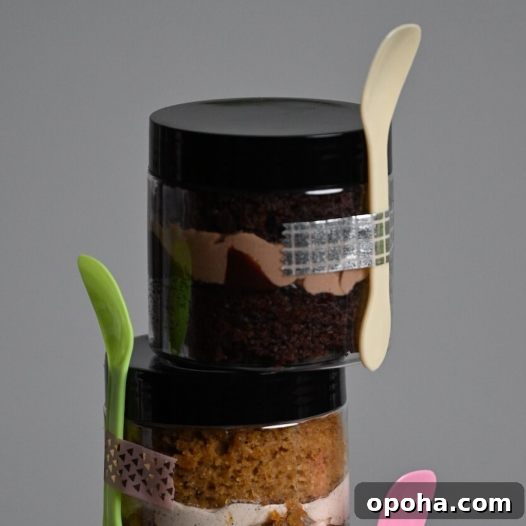Mason Jar Cake Recipe: Layered Dessert in a Jar 6 close up view of a cake in a jar with chocolate cake and chocolate frosting.