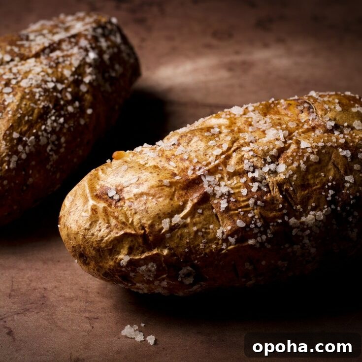 Two freshly cooked baked potatoes covered with salt resting on a countertop.