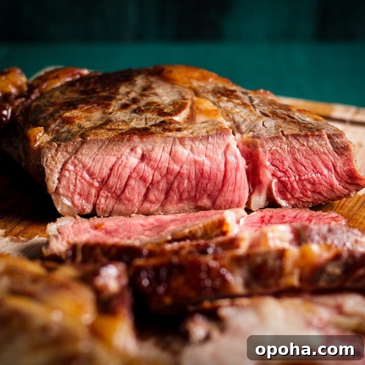 A partially sliced, perfectly cooked medium rare steak on a cutting board.