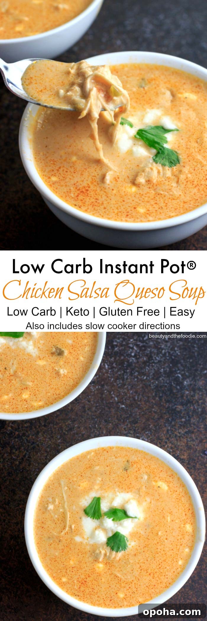 Instant Pot Low-Carb Chicken Queso and Salsa Soup 10 Low Carb Instant Pot Chicken Salsa Queso Soup- low carb, keto and gluten free. Also includes slow cooker directions.