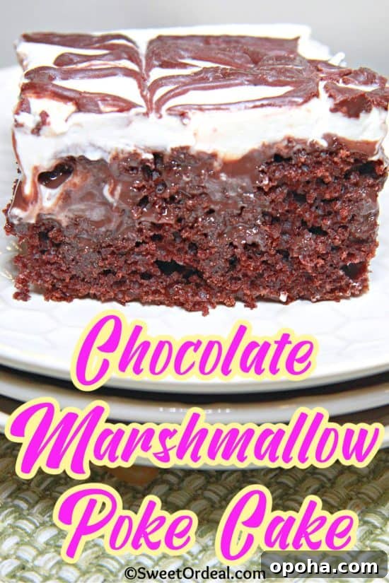 Chocolate Marshmallow Poke Cake has layers of rich velvety chocolate with a whipped cream topping.