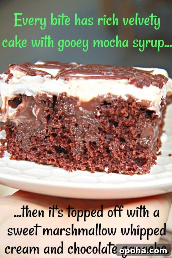 Chocolate Marshmallow Poke Cake has gooey mocha syrup between bites of rich chocolaty cake topped with a sweet whipped cream topping.