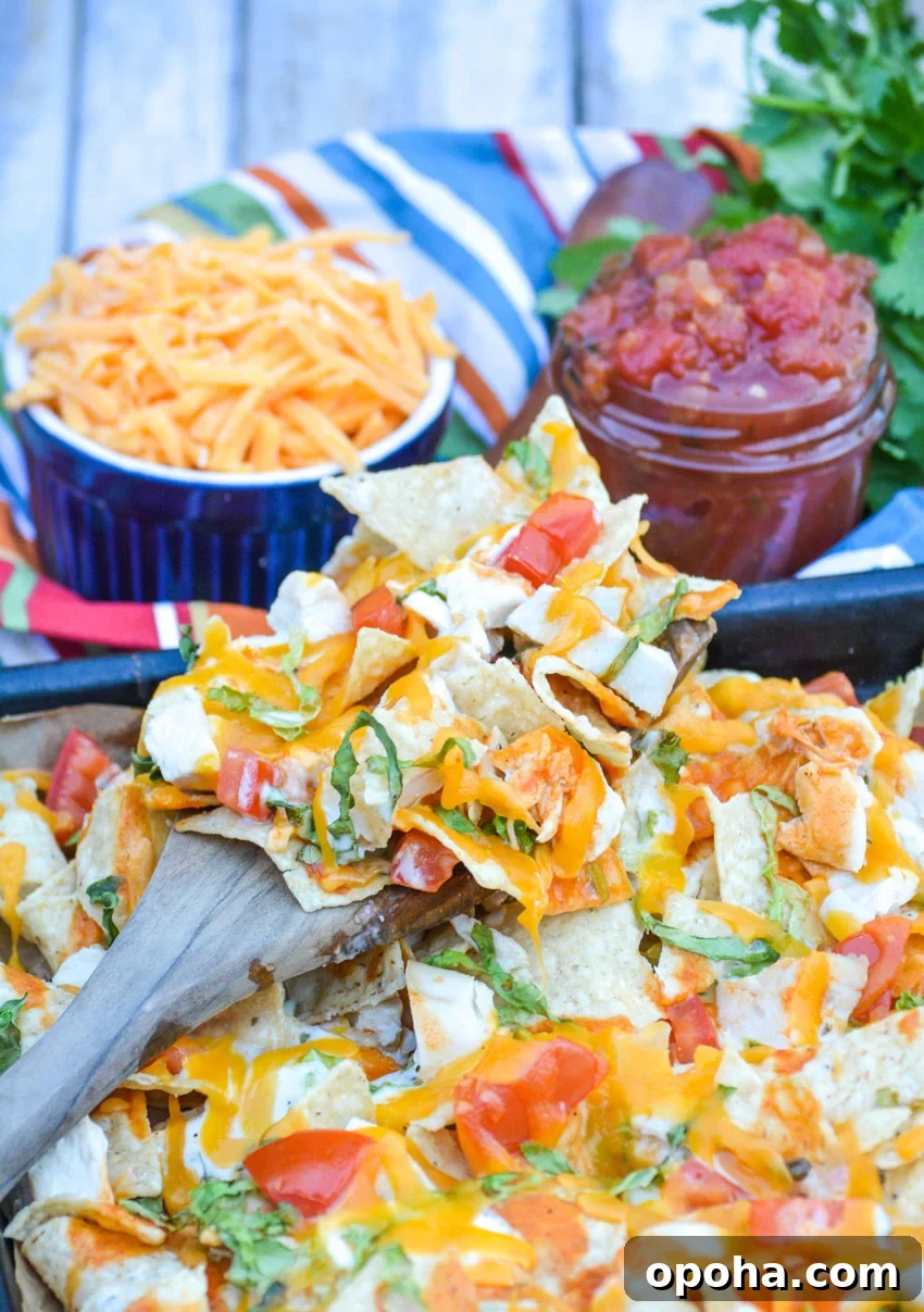 a wooden spatula resting in a sheet pan of buffalo chicken nachos
