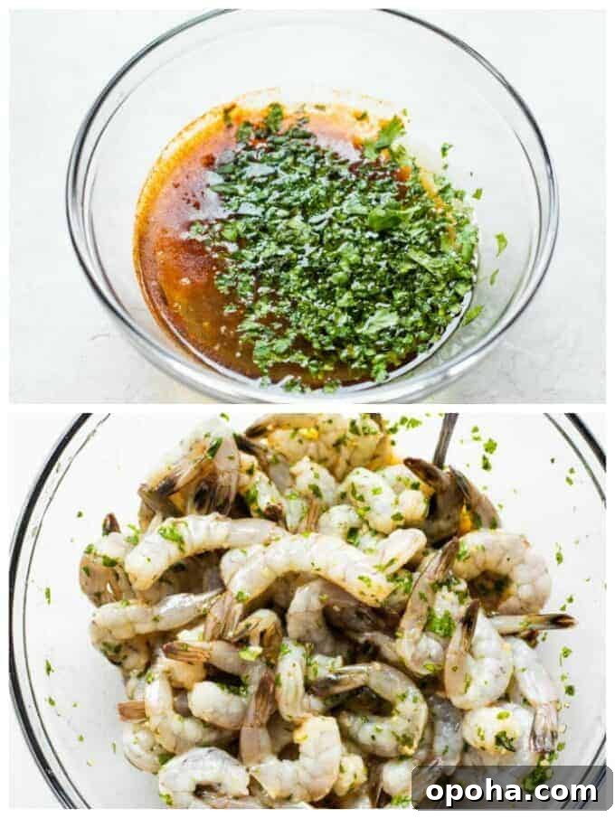 Bowl filled with marinade for shrimp, then an image of raw shrimp coated in the marinade.