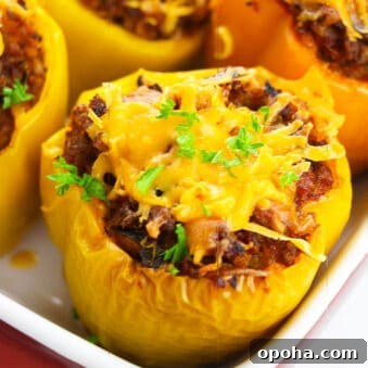 Easy Italian Stuffed Bell Peppers in White Dish- Closeup Shot