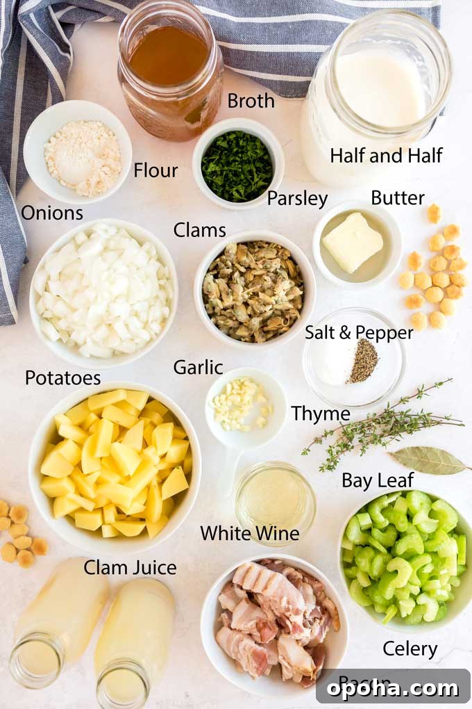 New England Clam Chowder ingredients on a white marble surface.