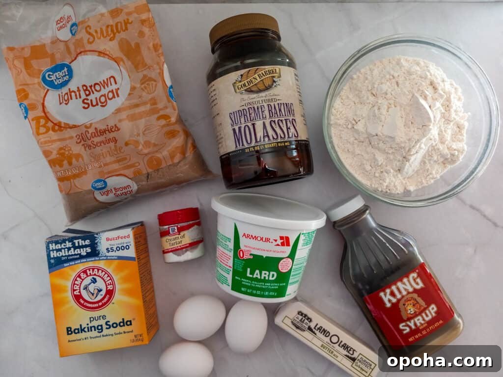 Ingredients - brown sugar, molasses, flour, baking soda, eggs, butter, lard, and cream of tartar