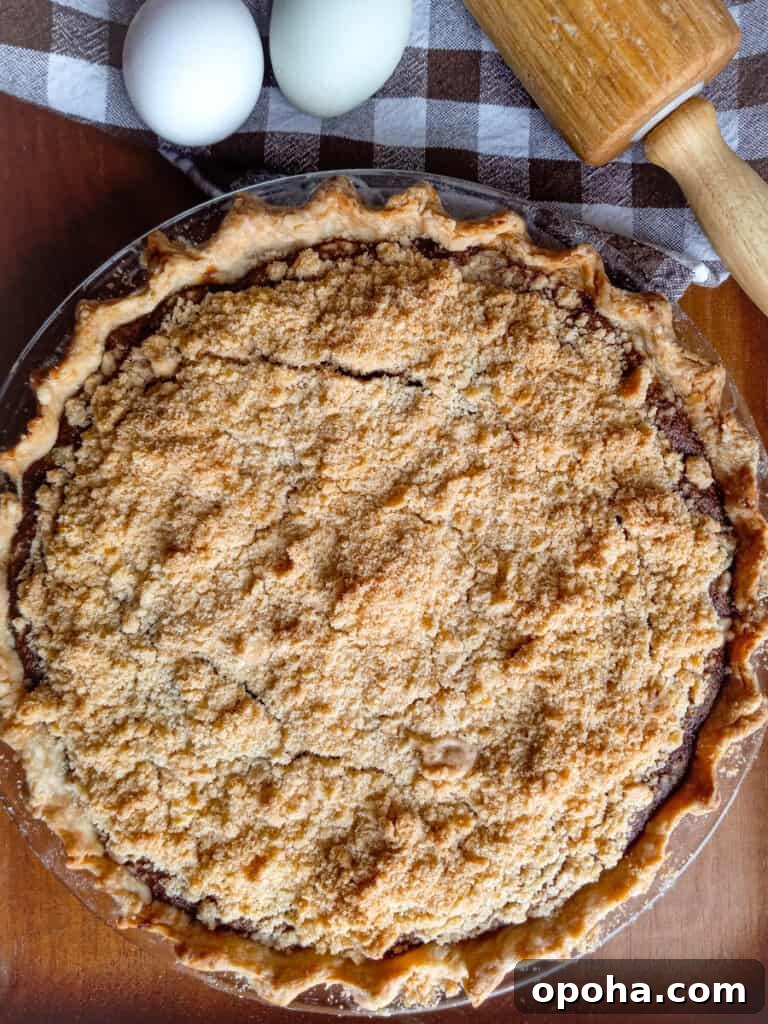 9" Amish shoofly pie with eggs and a rolling pin in the background